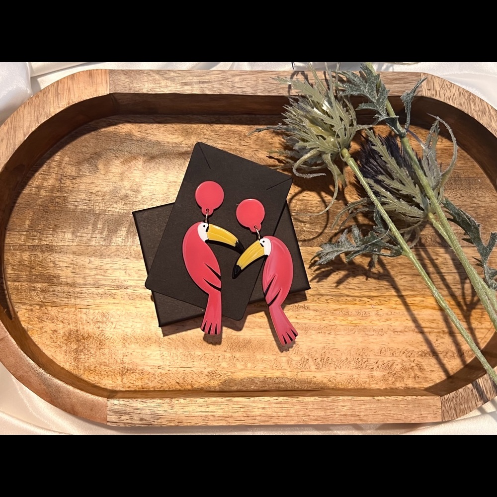 Bright Pink Statement Acrylic Toucan Bird Dangle Earrings - Picture 2 of 7